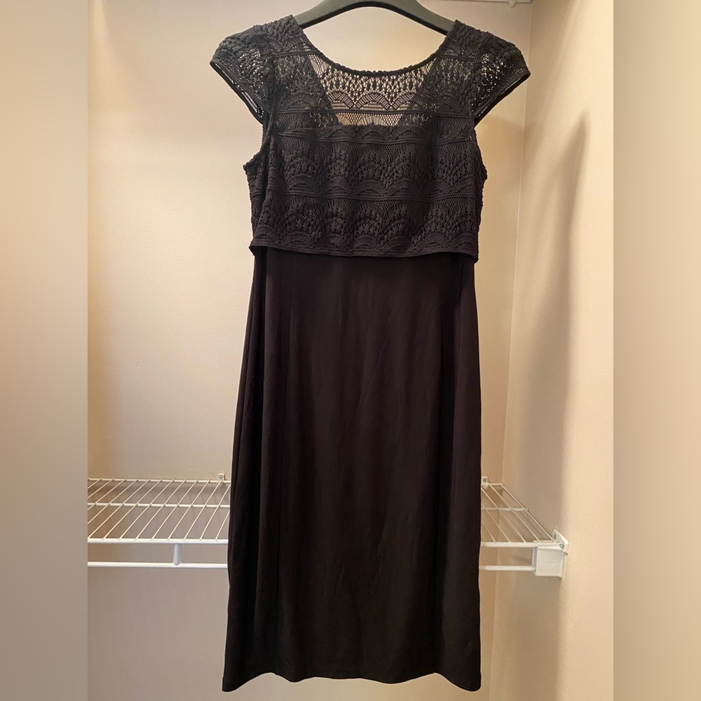 New Vince Camuto Black Lined Dress with Lace Top Overlay and Cap Sleeves Size S